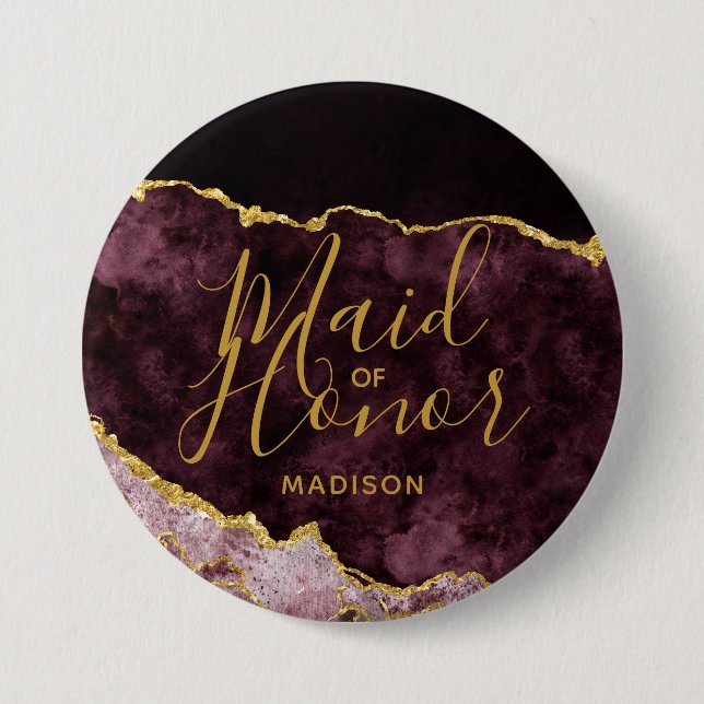 Burgundy & Gold Foil Agate Marble Maid of Honor Button (Front)