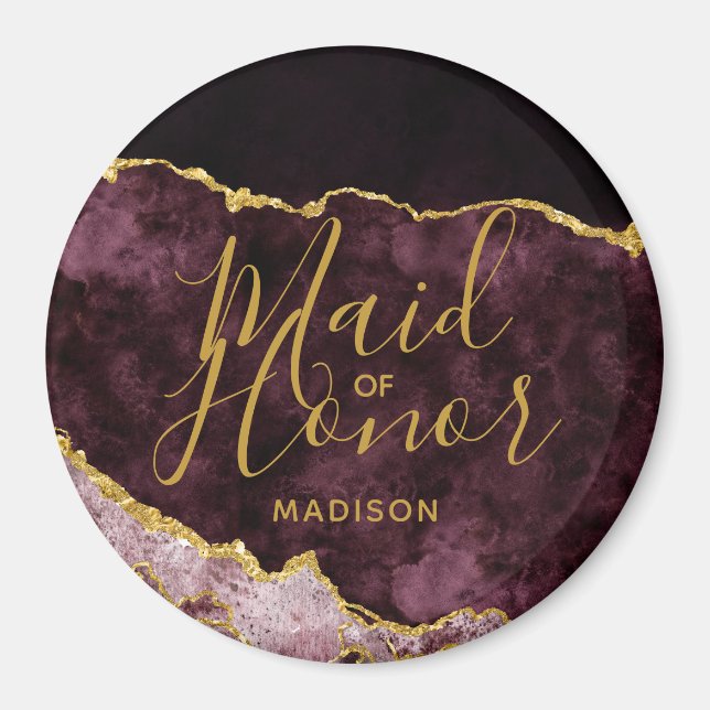 Burgundy & Gold Foil Agate Marble Maid of Honor Magnet (Front)