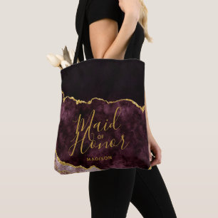 Burgundy & Gold Foil Agate Marble Maid of Honor Tote Bag