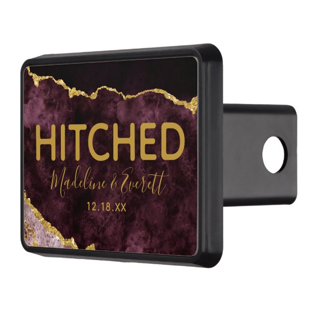 Burgundy Gold Foil Agate Marble Wedding Hitched Hitch Cover (Left)