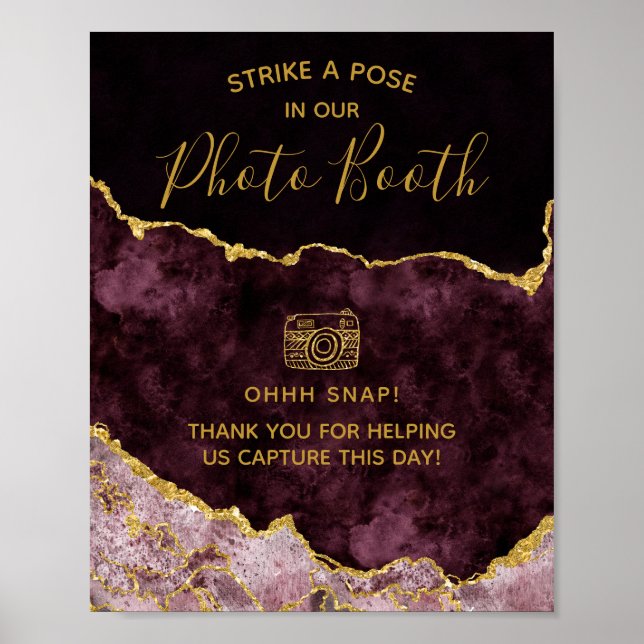Burgundy Gold Foil Agate Photo Booth Wedding Sign (Front)