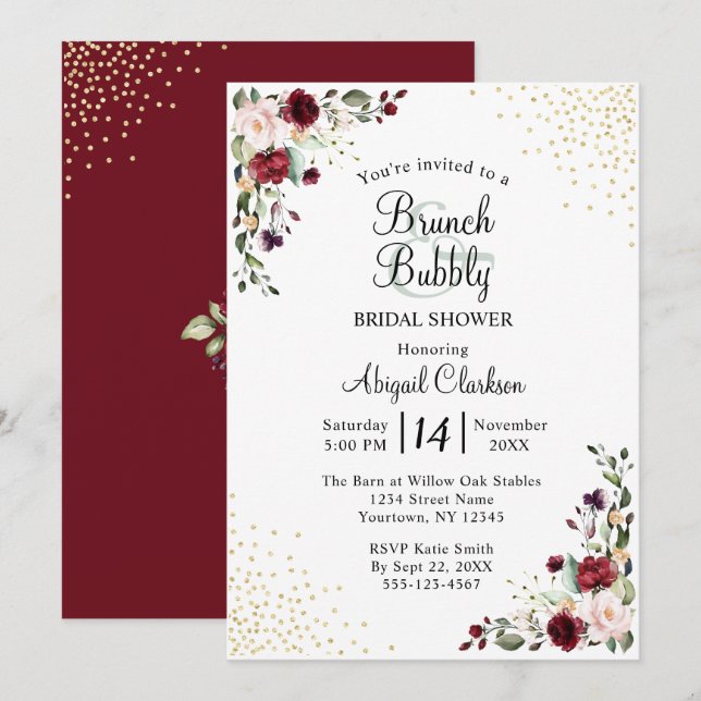 Burgundy Gold Foil Brunch & Bubbly Bridal Shower Invitation (Front/Back)