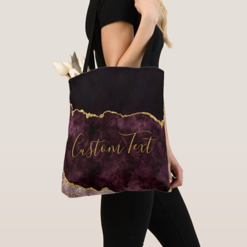 Burgundy  Gold Foil Chic Marble Agate Custom Text Tote Bag