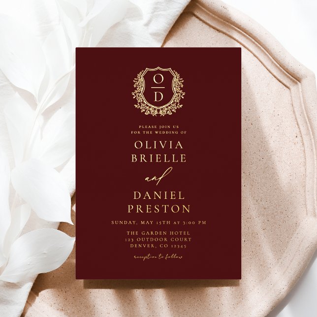 Burgundy Gold Foil Crest Monogram Wedding Foil Invitation (Creator Uploaded)