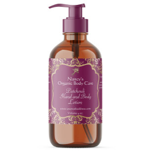 Burgundy & gold foil damask cosmetics bottle label