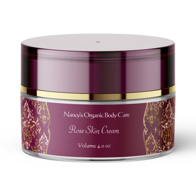 Burgundy & gold foil damask cosmetics jar label (Creator Uploaded)