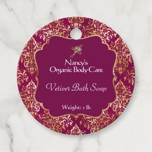 Burgundy  gold foil damask product tag