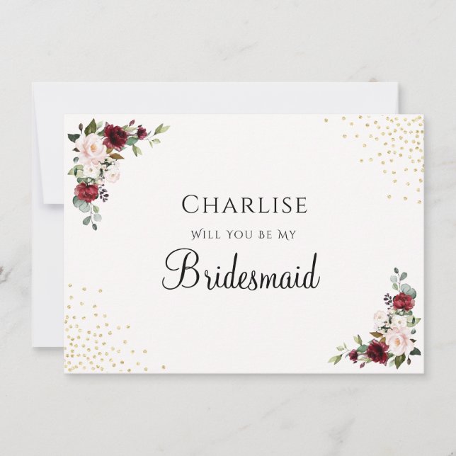 Burgundy Gold Foil Floral Bridesmaid Proposal Card (Front)