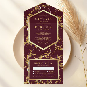 Burgundy Gold Foil Flourish Swirl Wedding All In One Invitation