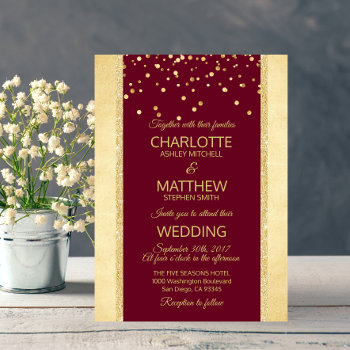 Burgundy Gold Foil Glitter Wedding Invitation by UniqueWeddingShop at Zazzle