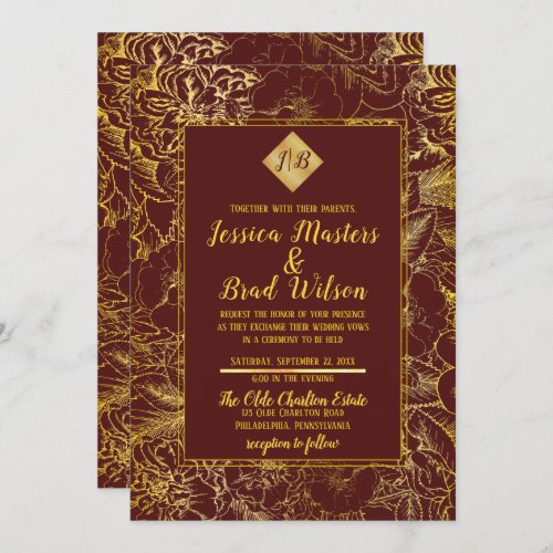 Burgundy Gold Foil Look Vintage Floral Wedding Invitation