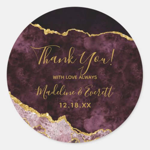 Burgundy Gold Foil Marble Agate Wedding Thank You Classic Round Sticker