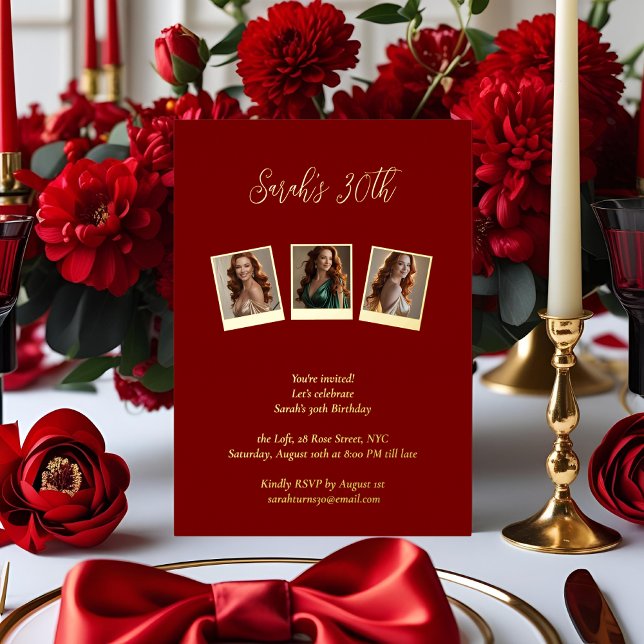 Burgundy & Gold Foil Photo 30th Birthday  Invitation (Creator Uploaded)