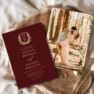 Burgundy Gold Foil Photo Monogram Wedding Invitation