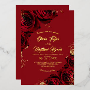 Burgundy Gold Foil Red Roses Wedding Invitation