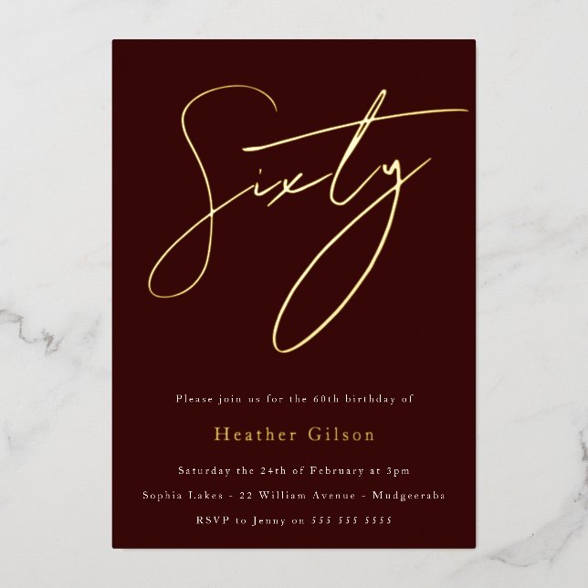 Burgundy & Gold Foil Script 60th Birthday Party Foil Invitation (Front)