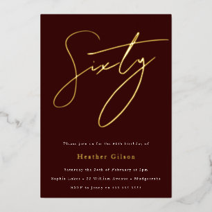 Burgundy & Gold Foil Script 60th Birthday Party Invitation