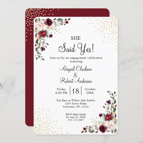 Burgundy Gold Foil She Said Yes Engagement Party Invitation