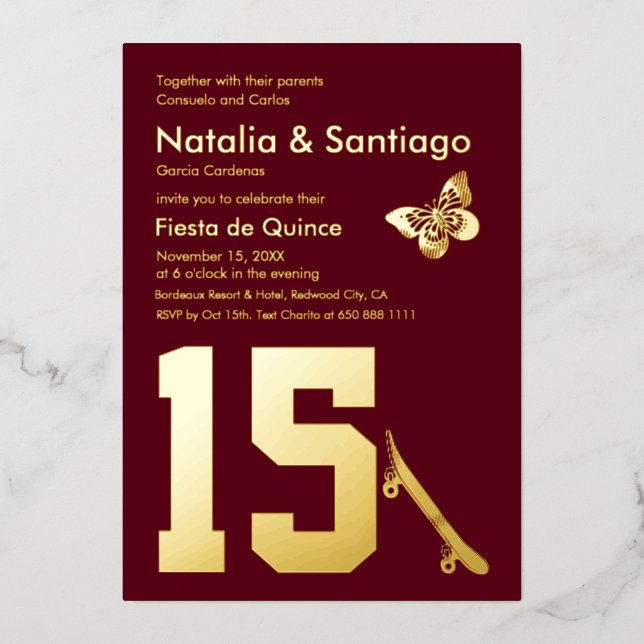 Burgundy Gold Foil Twins 15 Birthday Invitation (Front)