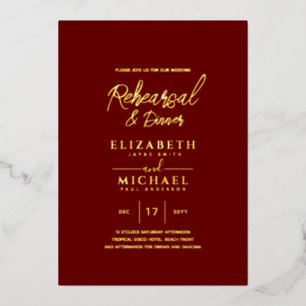 Burgundy Gold Foil Wedding Rehearsal and Dinner Foil Invitation