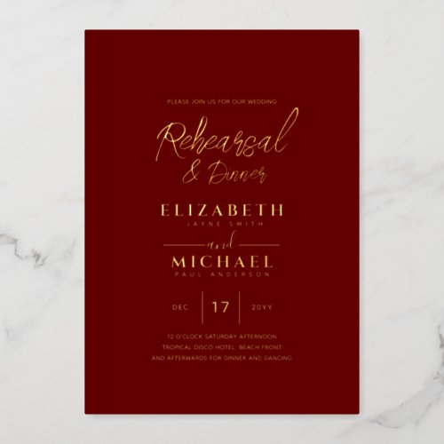 Burgundy Gold Foil Wedding Rehearsal and Dinner Foil Invitation