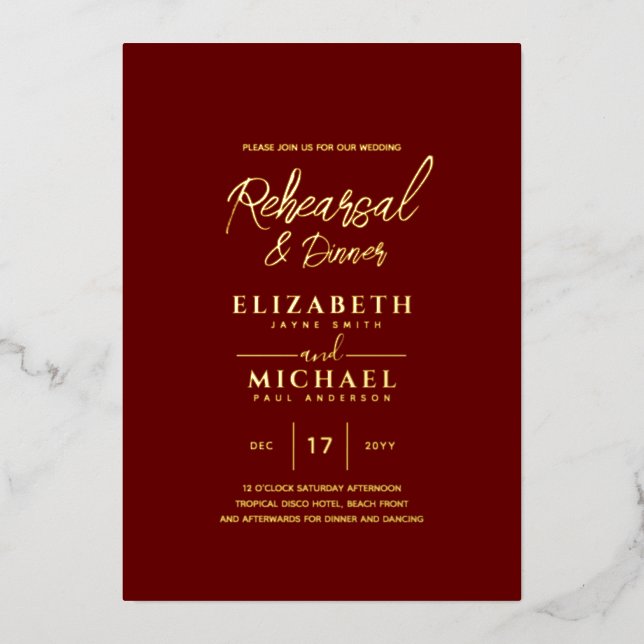 Burgundy Gold Foil Wedding Rehearsal and Dinner Foil Invitation (Front)