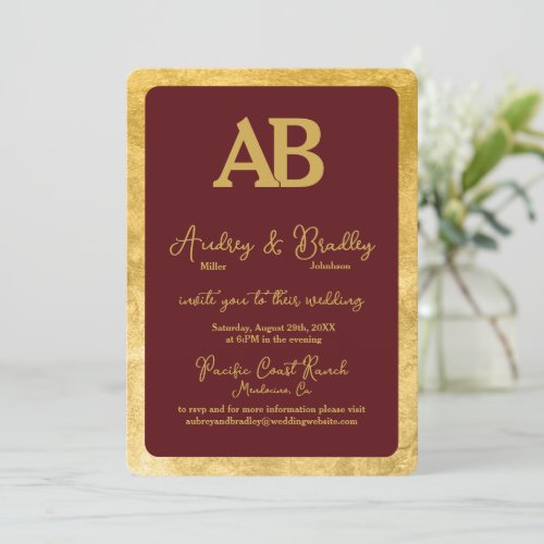 Burgundy Gold Frame 2 Letter Monogram Wedding Invitation