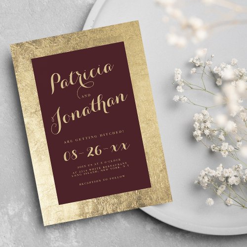 Burgundy gold frame calligraphy elegant wedding invitation
