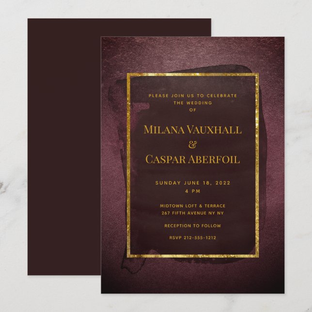 Burgundy & Gold Frame Watercolor Wash Wedding Invitation (Front/Back)