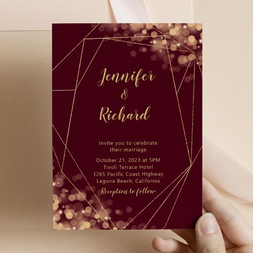 Burgundy  Gold Frame with Bokeh Lights Invitation