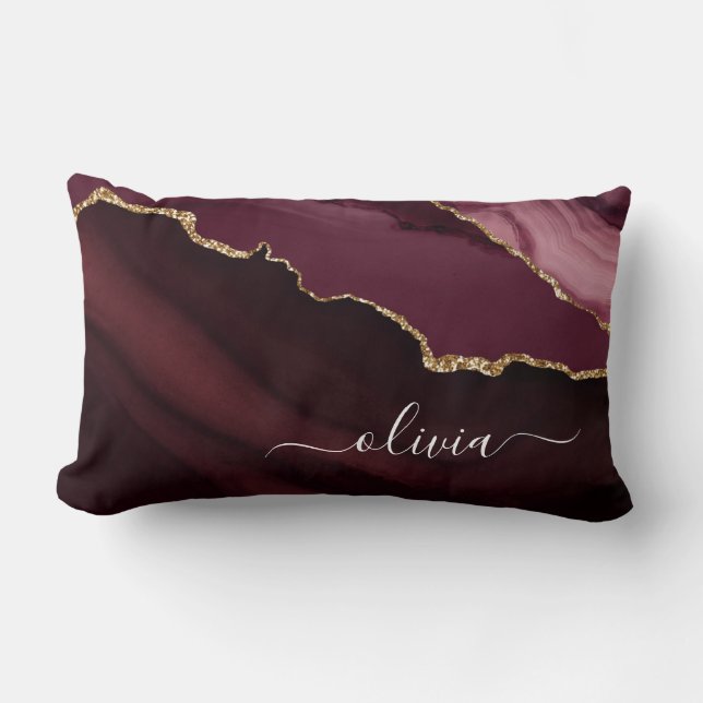 Burgundy Gold Geode Gold Monogram Lumbar Pillow (Front)