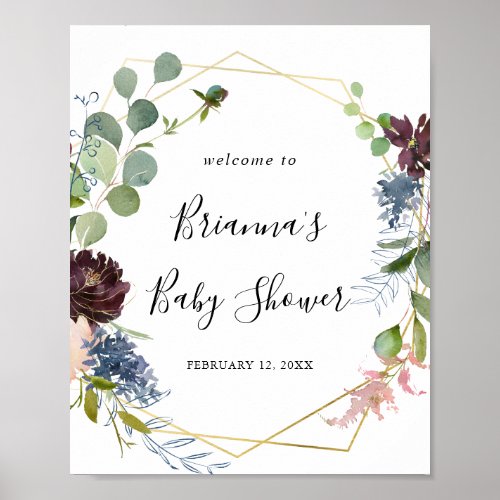 Burgundy Gold Geometric Baby Shower Welcome Poster