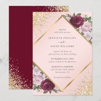 Burgundy Gold Geometric Blush Pink Floral Wedding Invitation