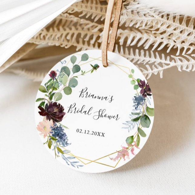 Burgundy Gold Geometric Bridal Shower Favor Classic Round Sticker (Creator Uploaded)