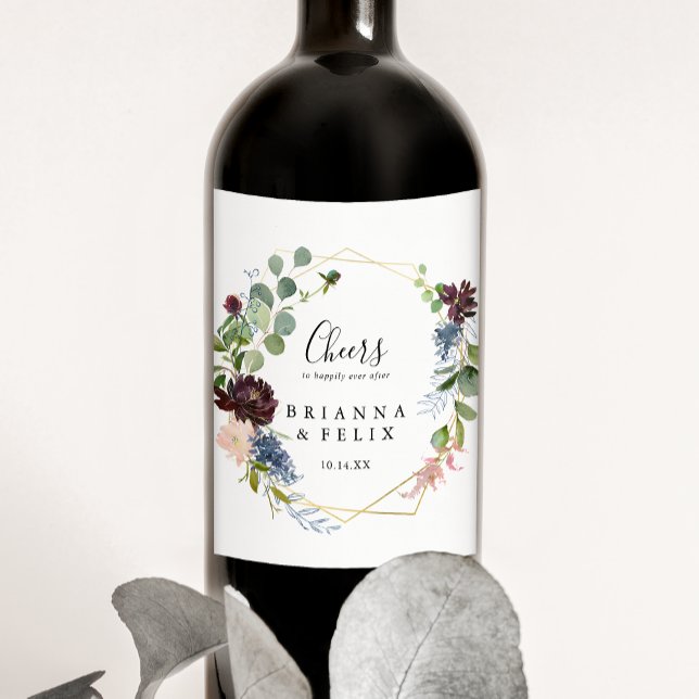 Burgundy Gold Geometric Cheers Wedding Wine Labels (Creator Uploaded)