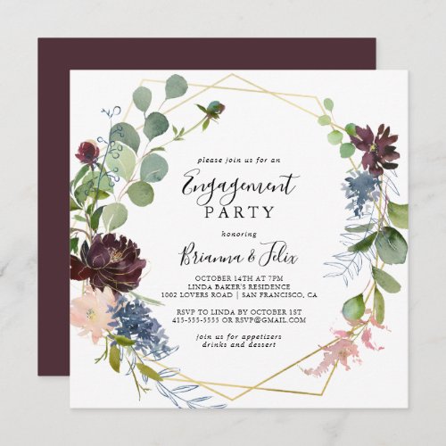 Burgundy Gold Geometric Engagement Party Invitation