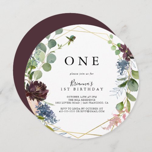 Burgundy Gold Geometric First Birthday Party Invitation