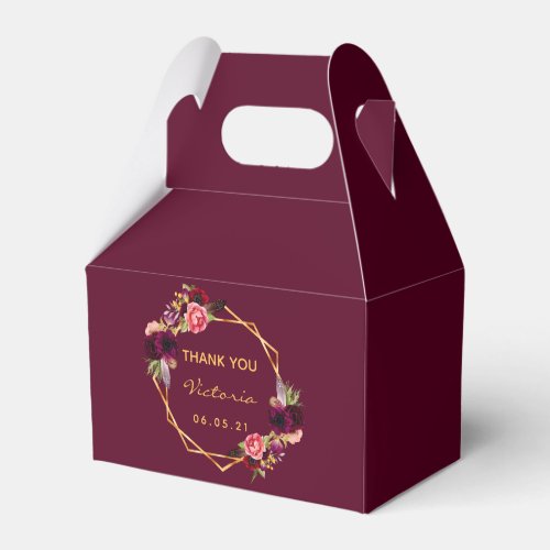 Burgundy gold geometric florals name favor boxes