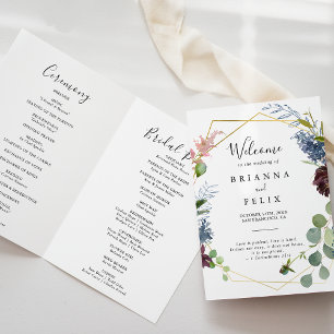 Burgundy Gold Geometric Folded Wedding Program