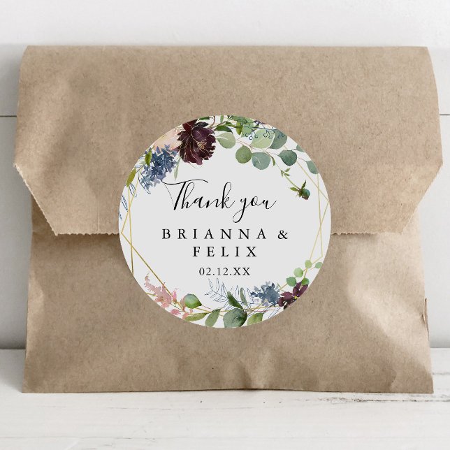 Burgundy Gold Geometric Thank You Wedding Favor Classic Round Sticker (Creator Uploaded)
