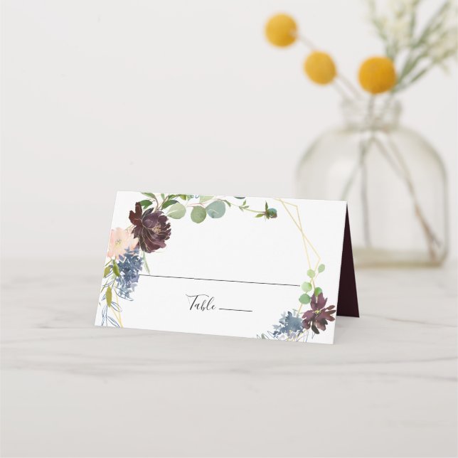 Burgundy Gold Geometric Wedding Place Card (Front)