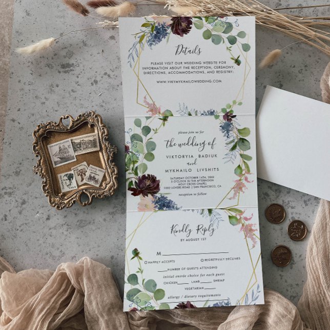 Burgundy Gold Geometric Wedding Tri-Fold Invitation (Creator Uploaded)