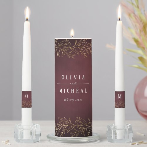 Burgundy gold gilded botanical elegant wedding unity candle set