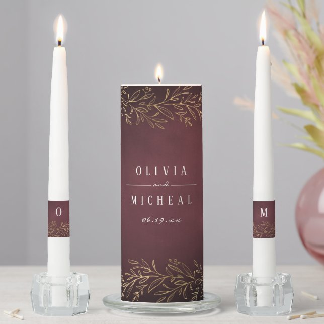 Burgundy gold gilded botanical elegant wedding unity candle set (In Situ)