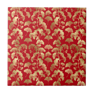Burgundy Gold Ginkgo with Japanese Elegance Ceramic Tile