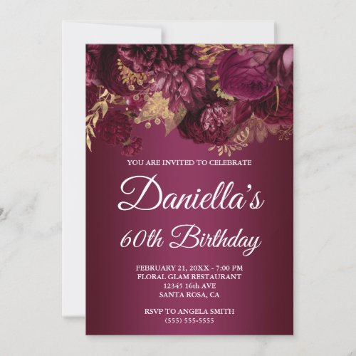 Burgundy Gold Glam Floral 60th Birthday Invitation