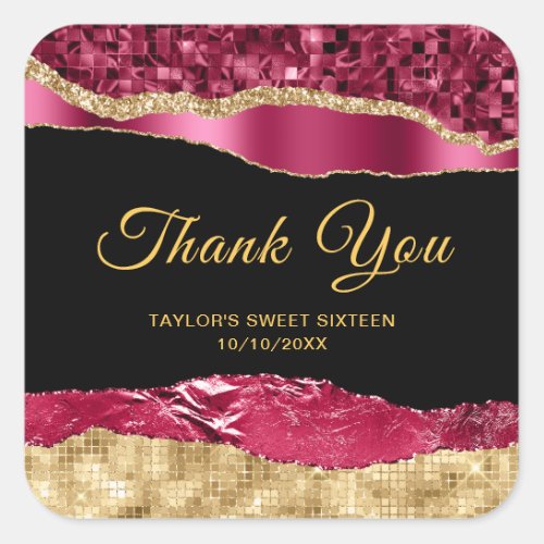 Burgundy Gold Glam Tears Sweet Sixteen Thank You Square Sticker