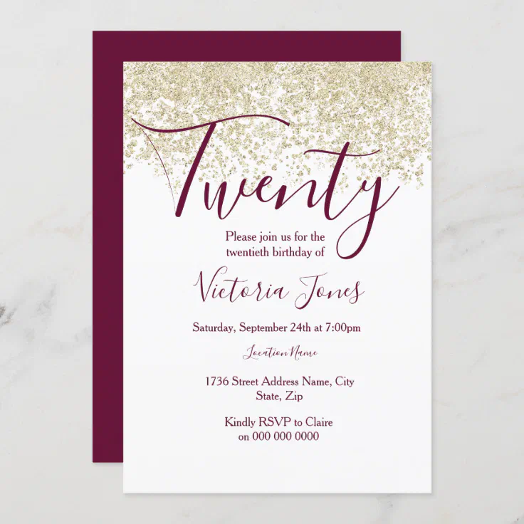 Burgundy Gold Glitter 20th birthday party Invite | Zazzle