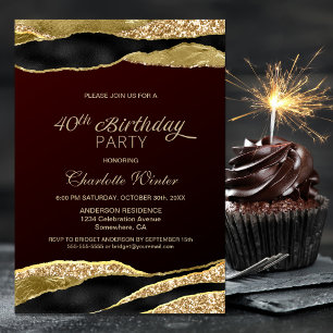 Burgundy Gold Glitter 40th Birthday Party Invitation