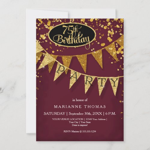Burgundy Gold Glitter 75th Birthday Party Confetti Invitation
